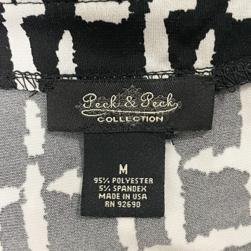Peck and Peck Black White V Neck 3/4 Sleeve Pullover Dress Medium Waist Ruching